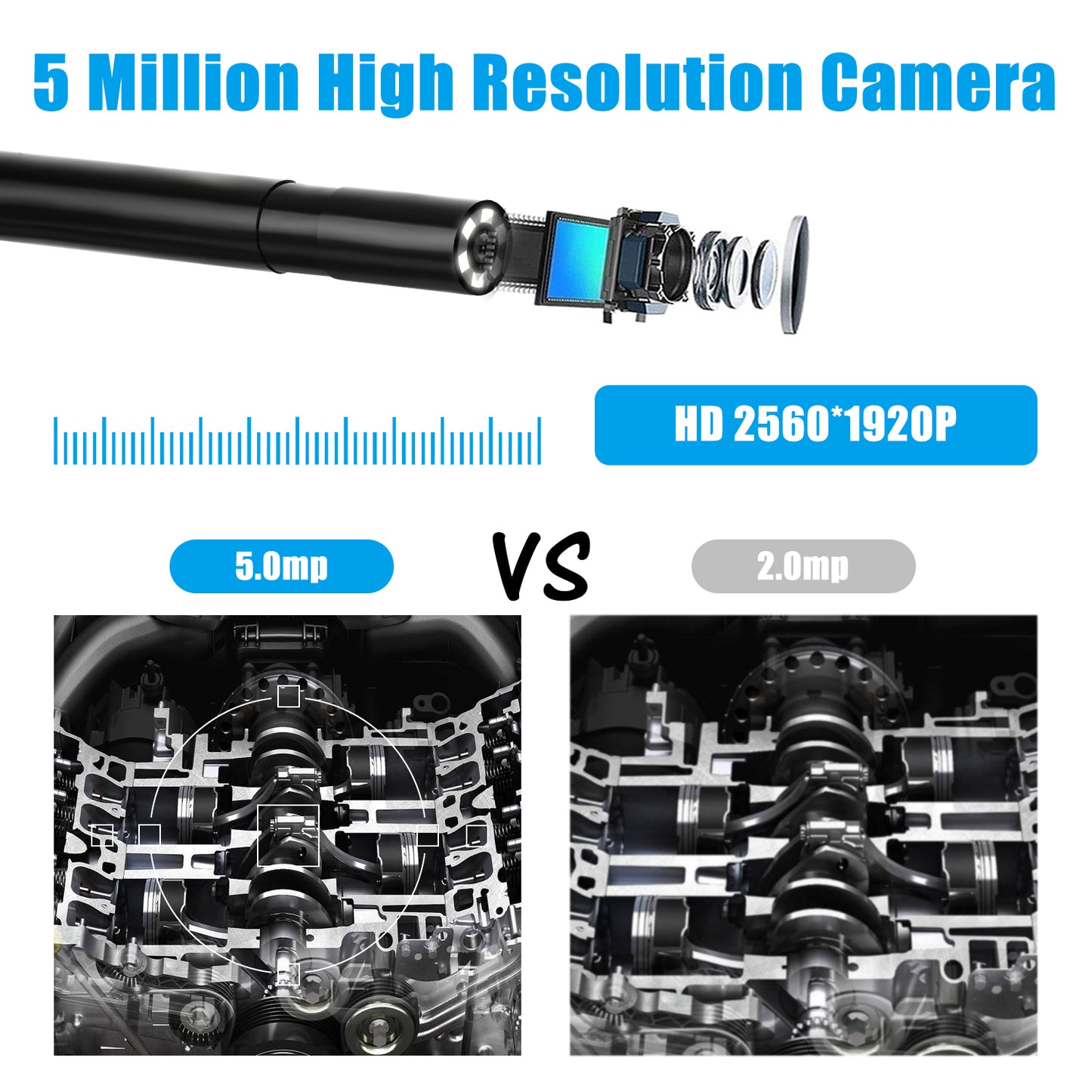 Ozkak Endoscope Inspection Camera with Light 5.0 Megapixel WiFi Wireless Semi-rigid 1920P HD 5.5mm 5m Waterproof IP67 Borescope for Android and ios